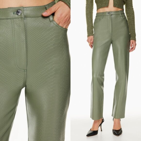 Aritzia Wilfred THE MELINA PANTS Python-embossed Vegan Leather Straight Leg Sage - Picture 1 of 9